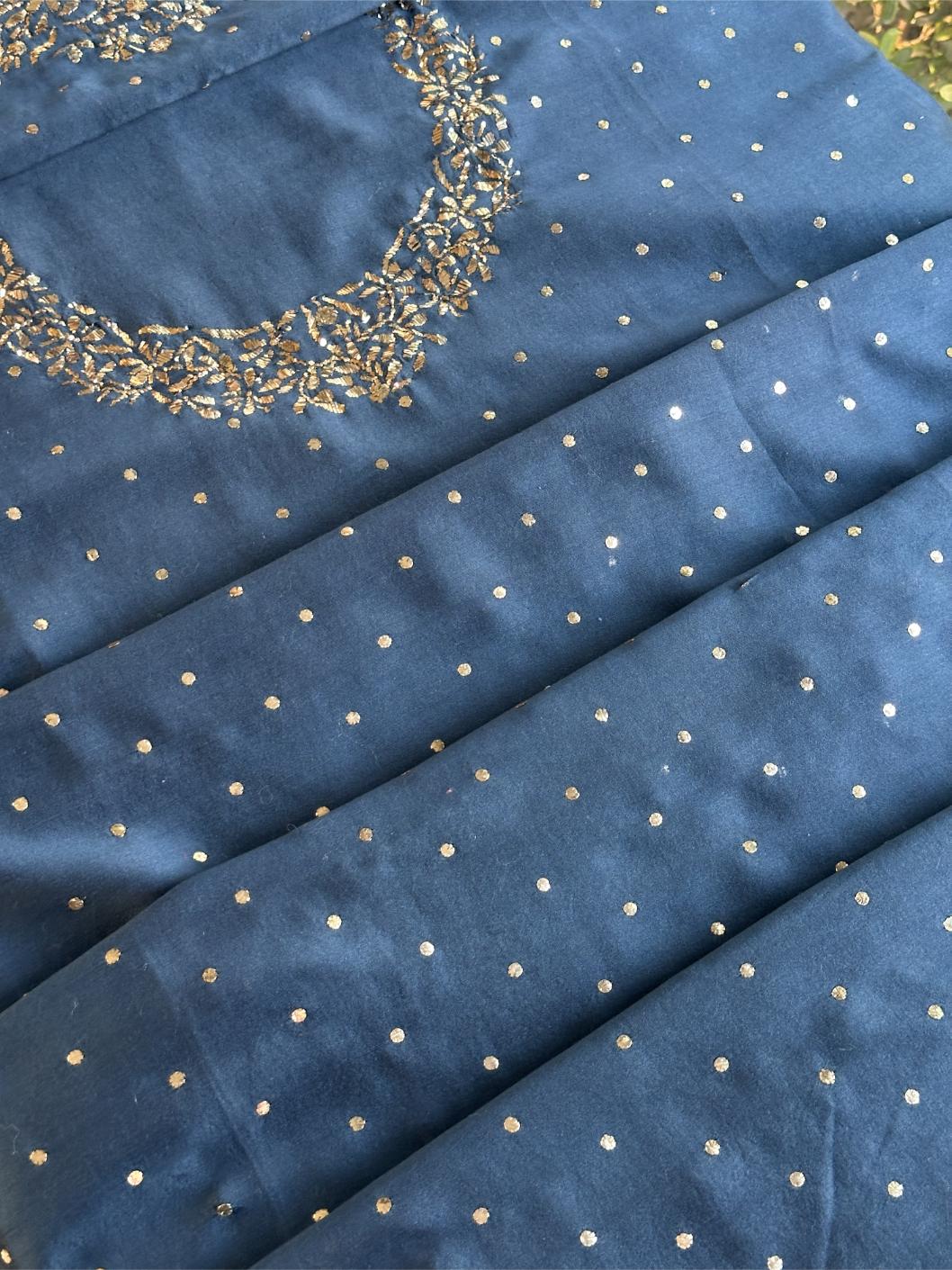 Dusk Blue Chanderi Silk Mukaish Badla Unstitched Fabric