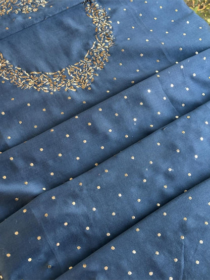 Dusk Blue Chanderi Silk Mukaish Badla Unstitched Fabric