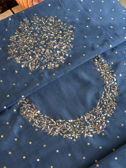 Dusk Blue Chanderi Silk Mukaish Badla Unstitched Fabric