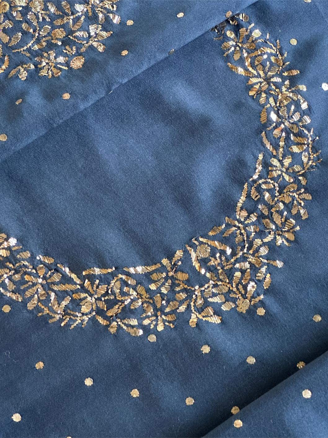 Dusk Blue Chanderi Silk Mukaish Badla Unstitched Fabric