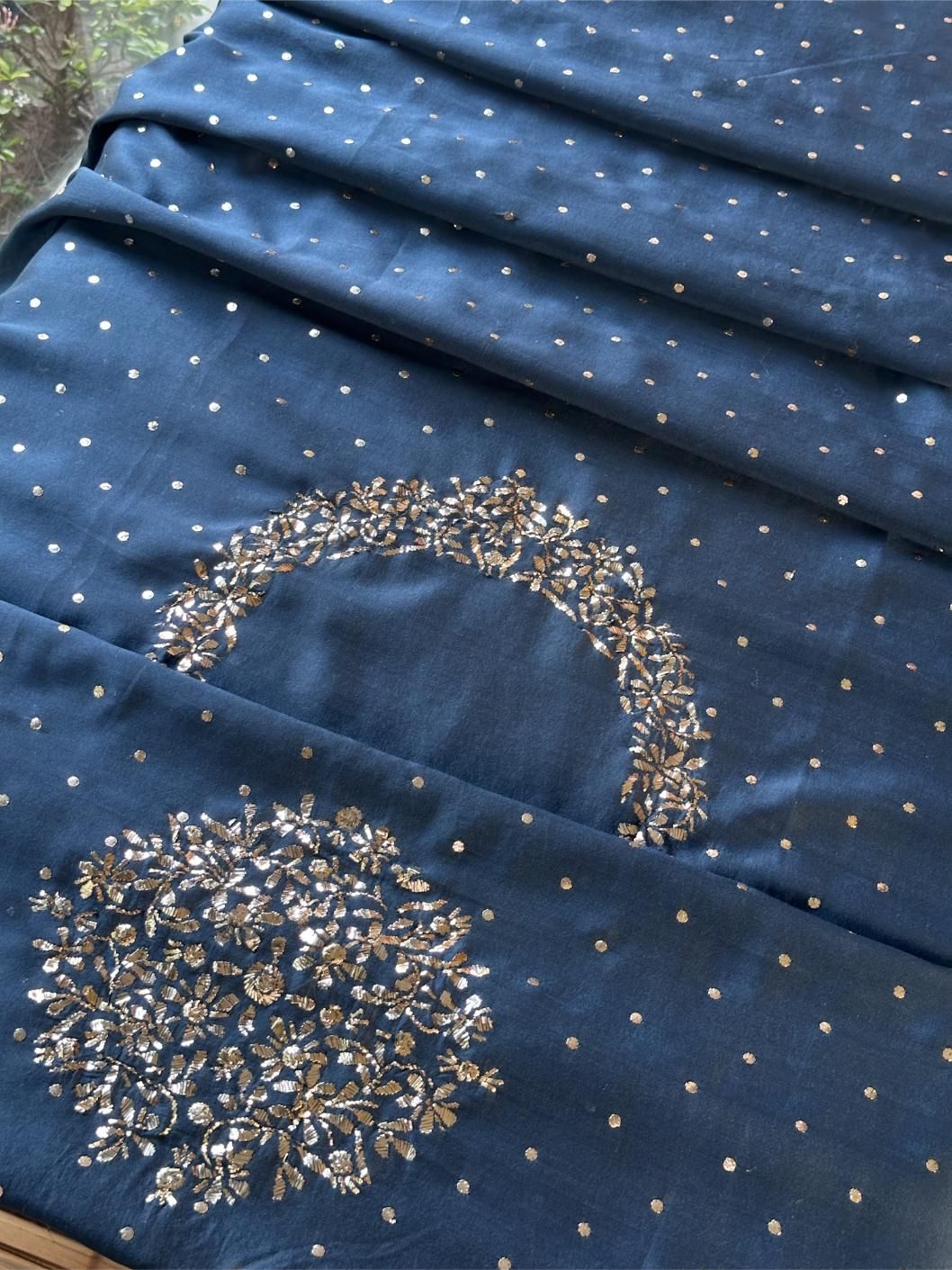 Dusk Blue Chanderi Silk Mukaish Badla Unstitched Fabric