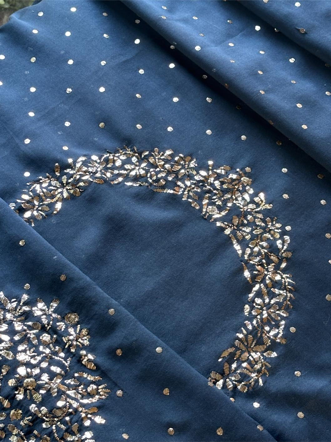 Dusk Blue Chanderi Silk Mukaish Badla Unstitched Fabric