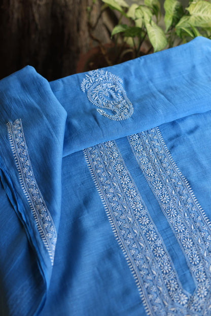 Dusk Blue Mulmul Chikankari Unstitched Men's Kurtas Fabric