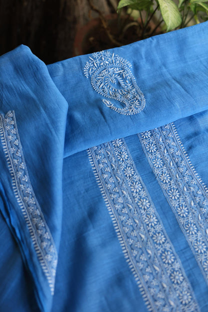 Dusk Blue Mulmul Chikankari Unstitched Men's Kurtas Fabric