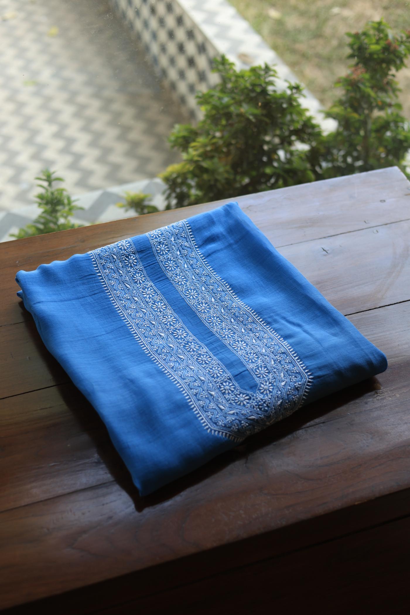 Dusk Blue Mulmul Chikankari Unstitched Men's Kurtas Fabric