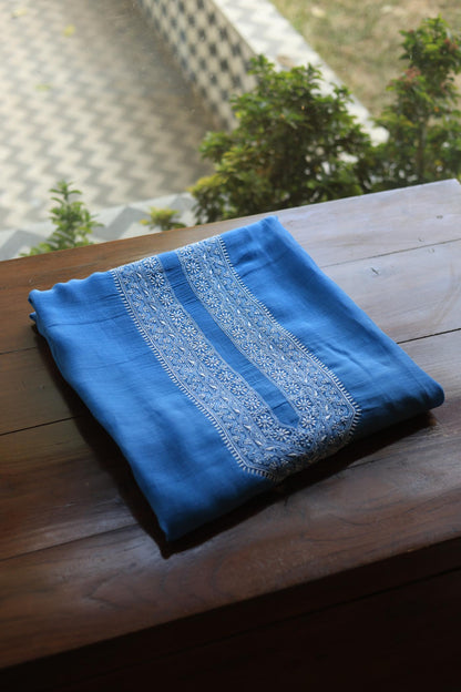 Dusk Blue Mulmul Chikankari Unstitched Men's Kurtas Fabric
