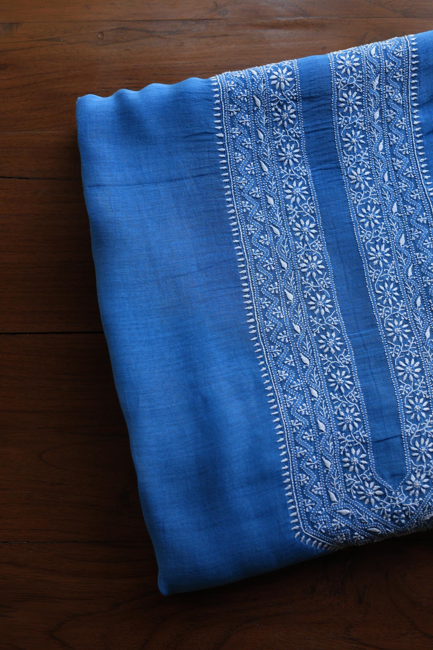 Dusk Blue Mulmul Chikankari Unstitched Men's Kurtas Fabric