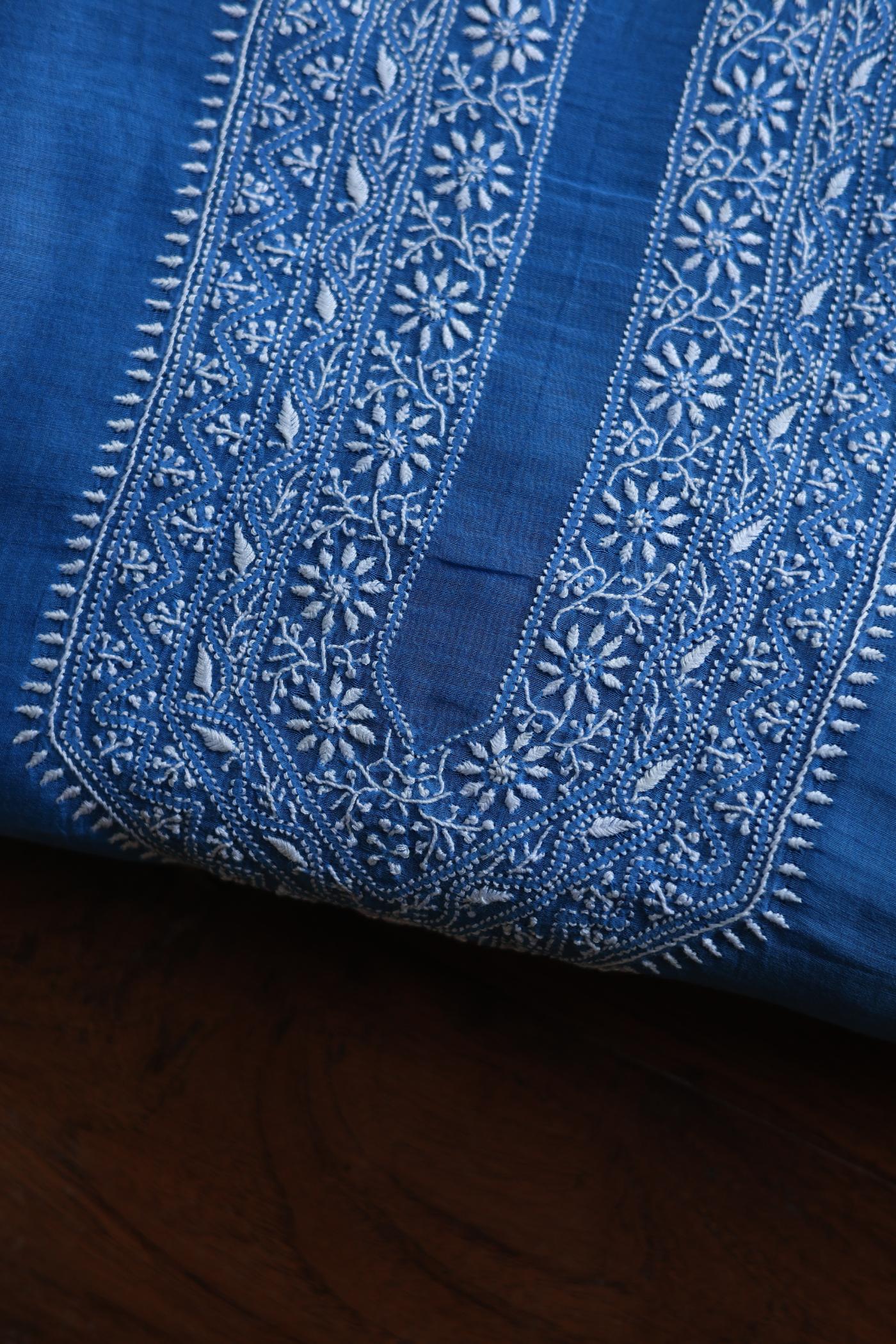 Dusk Blue Mulmul Chikankari Unstitched Men's Kurtas Fabric