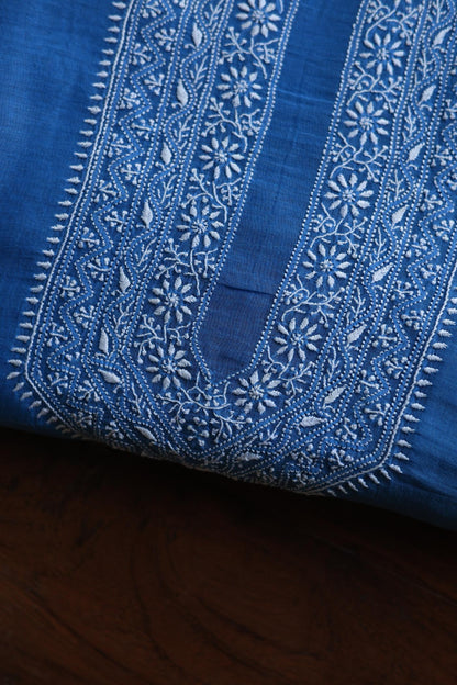Dusk Blue Mulmul Chikankari Unstitched Men's Kurtas Fabric
