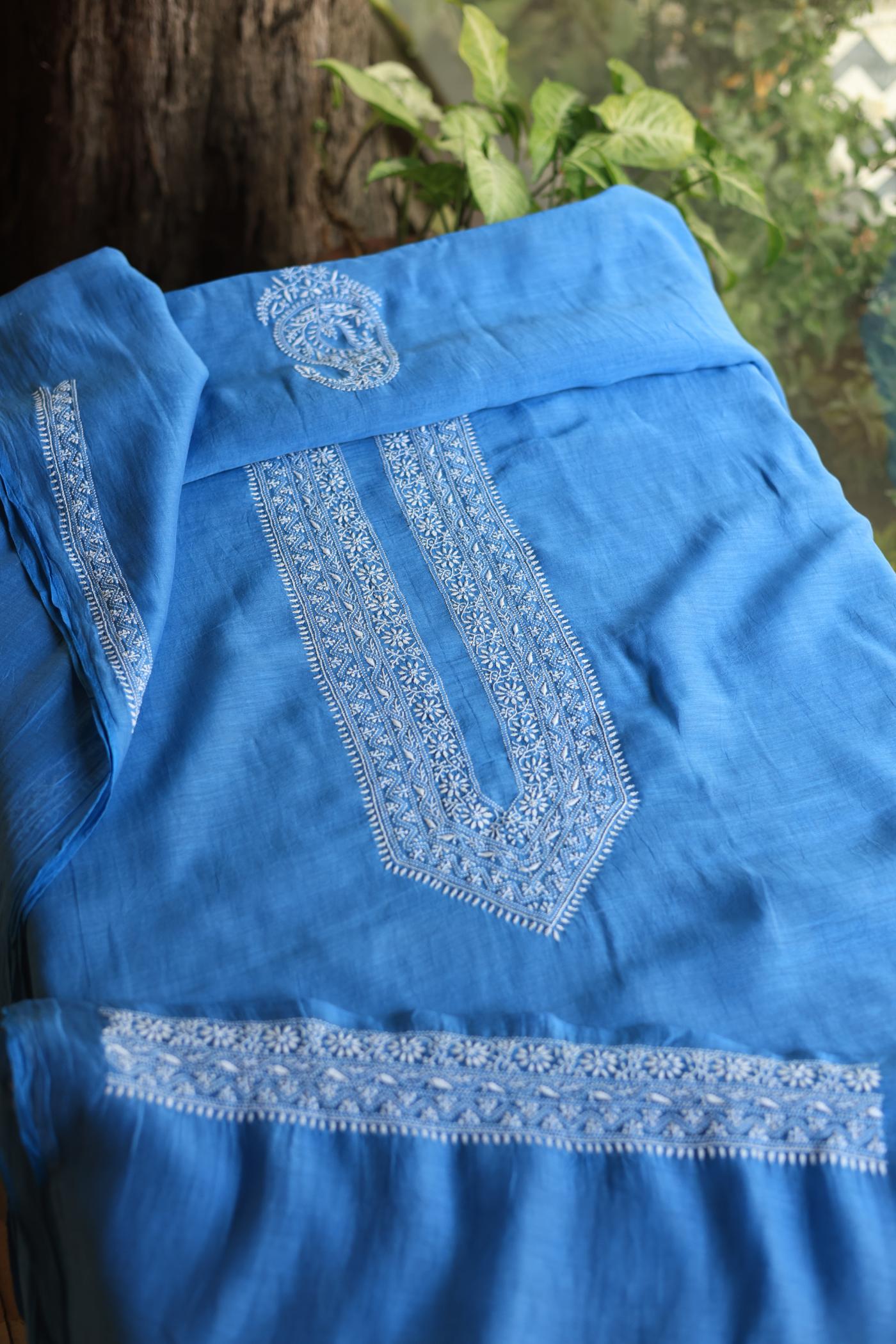 Dusk Blue Mulmul Chikankari Unstitched Men's Kurtas Fabric