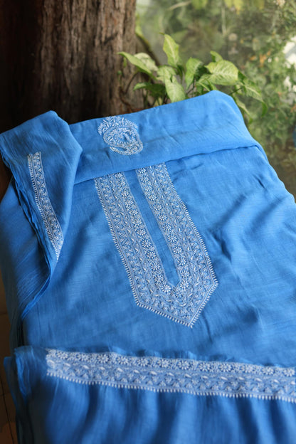 Dusk Blue Mulmul Chikankari Unstitched Men's Kurtas Fabric