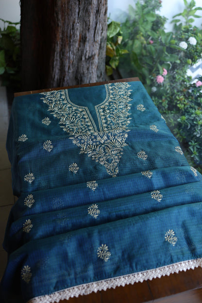 Dusk Blue Shade Kota Chikankari Unstitched Suit Fabric