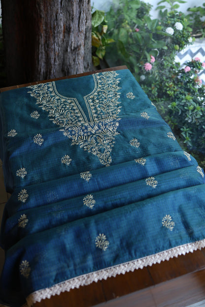 Dusk Blue Shade Kota Chikankari Unstitched Suit Fabric