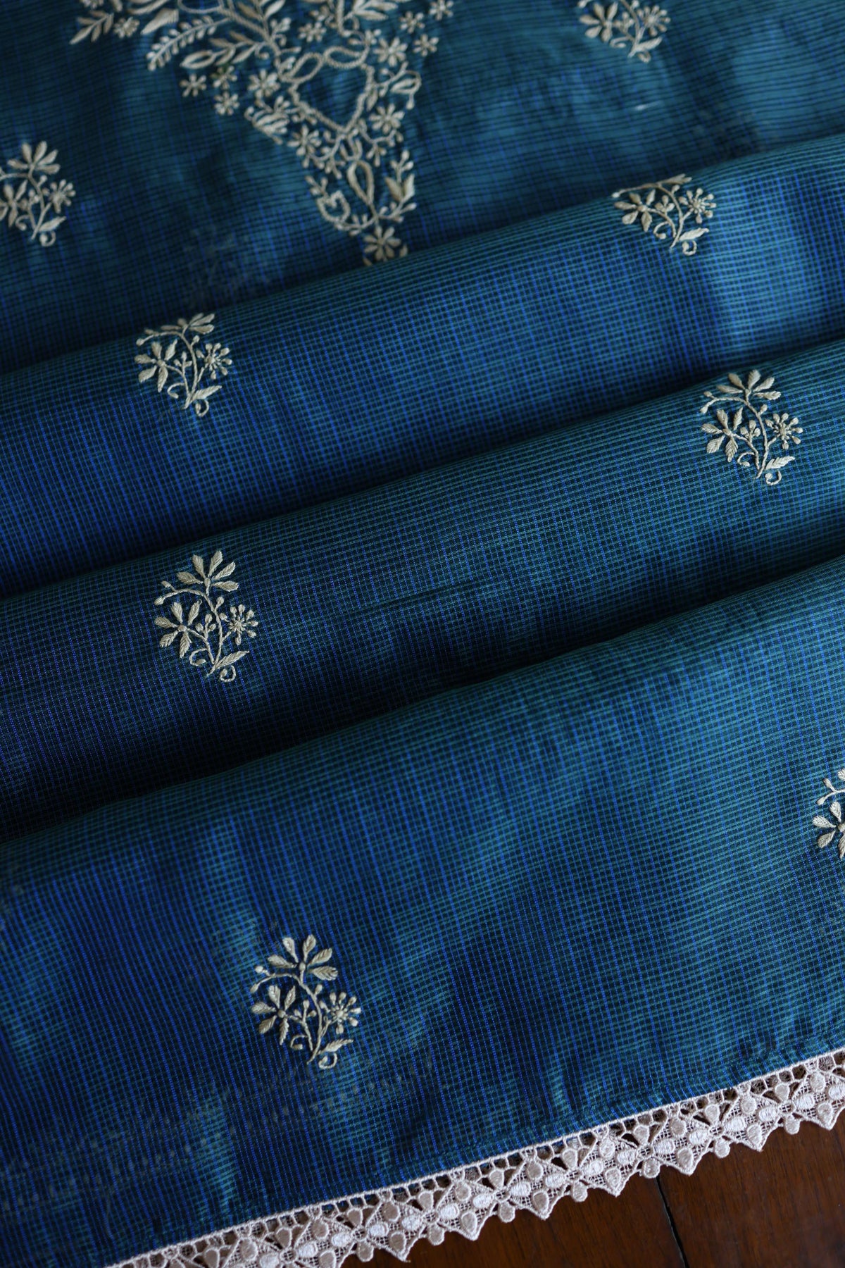 Dusk Blue Shade Kota Chikankari Unstitched Suit Fabric