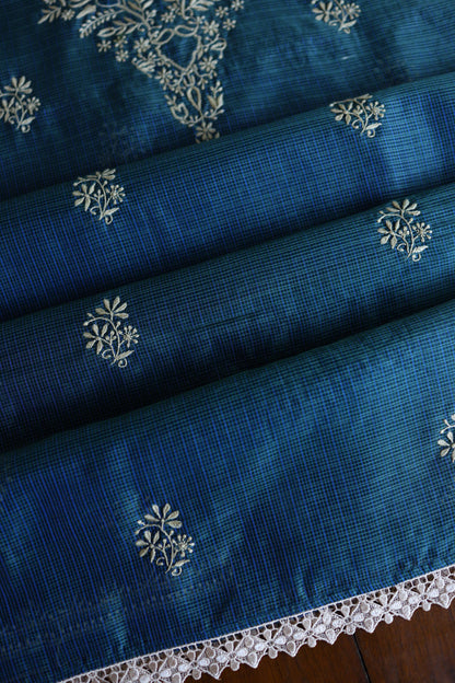 Dusk Blue Shade Kota Chikankari Unstitched Suit Fabric