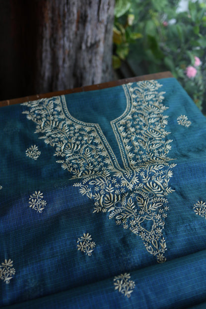 Dusk Blue Shade Kota Chikankari Unstitched Suit Fabric