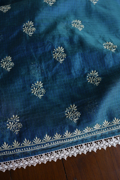 Dusk Blue Shade Kota Chikankari Unstitched Suit Fabric