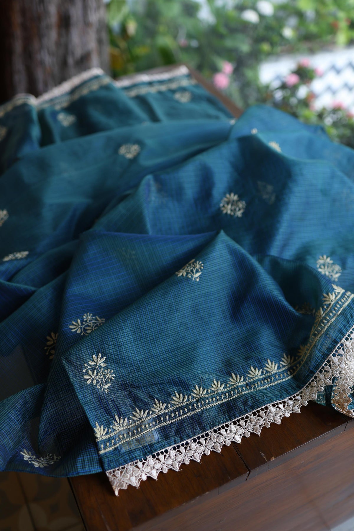 Dusk Blue Shade Kota Chikankari Unstitched Suit Fabric