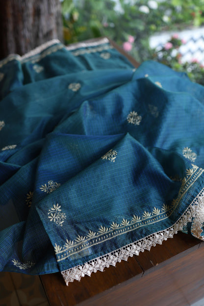 Dusk Blue Shade Kota Chikankari Unstitched Suit Fabric