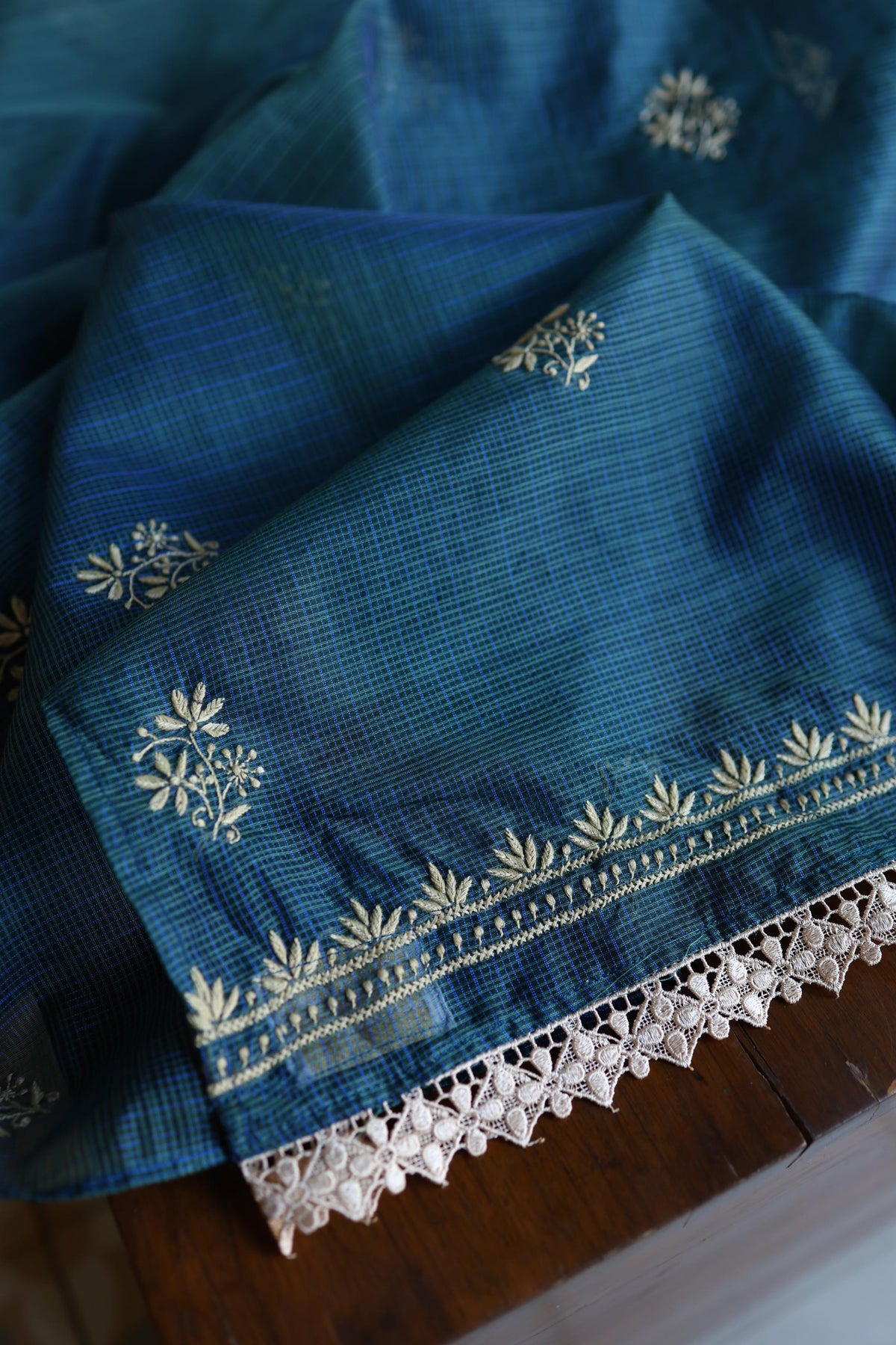 Dusk Blue Shade Kota Chikankari Unstitched Suit Fabric