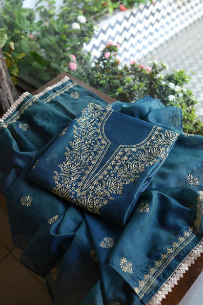 Dusk Blue Shade Kota Chikankari Unstitched Suit Fabric