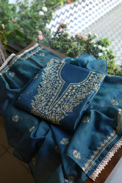 Dusk Blue Shade Kota Chikankari Unstitched Suit Fabric