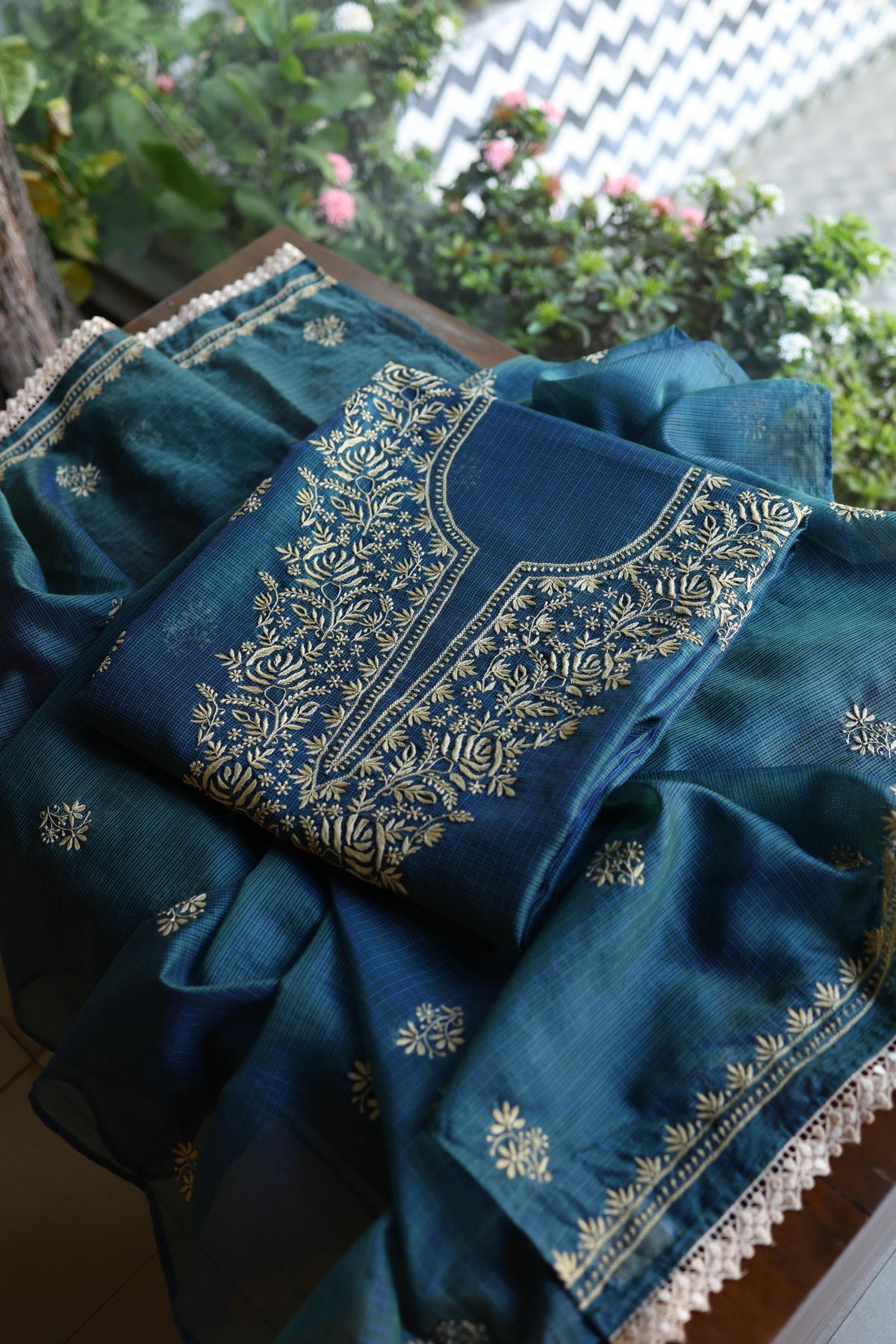 Dusk Blue Shade Kota Chikankari Unstitched Suit Fabric
