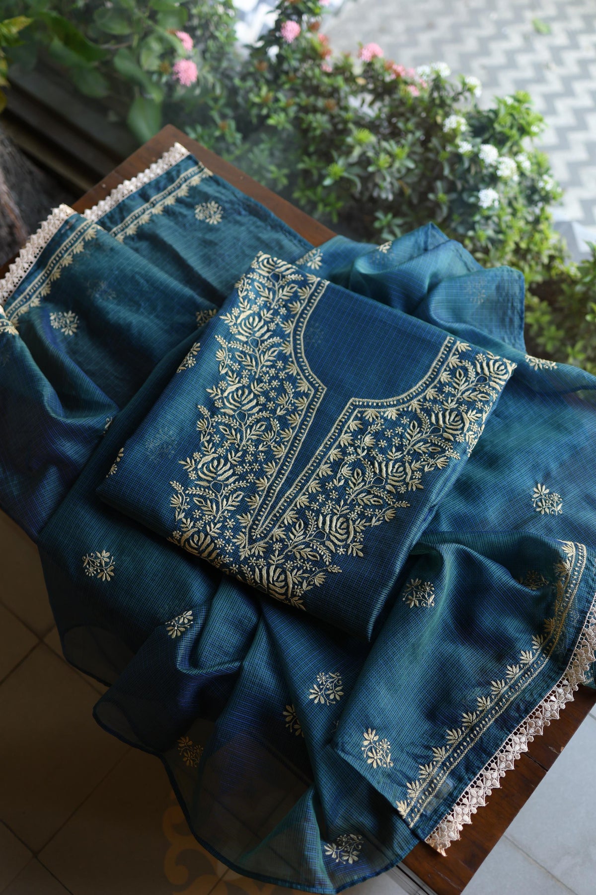 Dusk Blue Shade Kota Chikankari Unstitched Suit Fabric