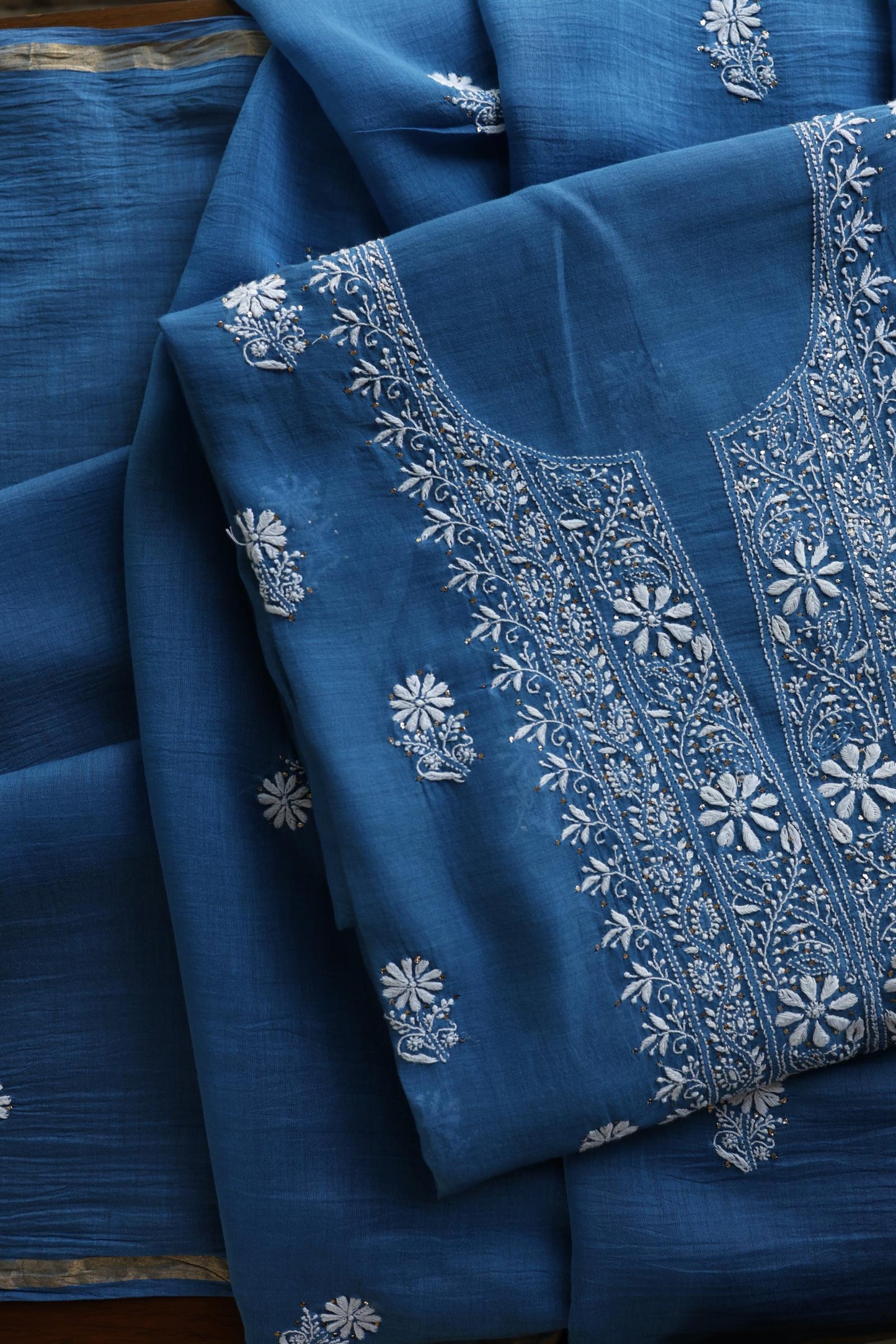 Dusk Blue Shade Mal Cotton Fine Chikankari Unstitched Fabric