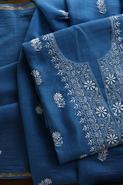 Dusk Blue Shade Mal Cotton Fine Chikankari Unstitched Fabric