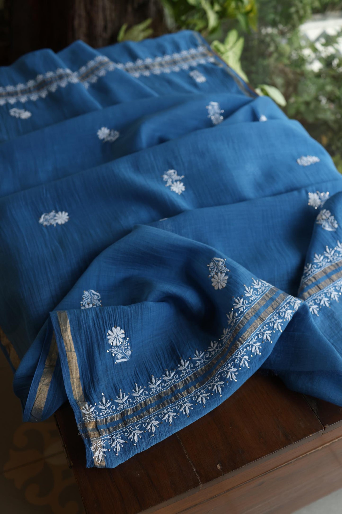 Dusk Blue Shade Mal Cotton Fine Chikankari Unstitched Fabric