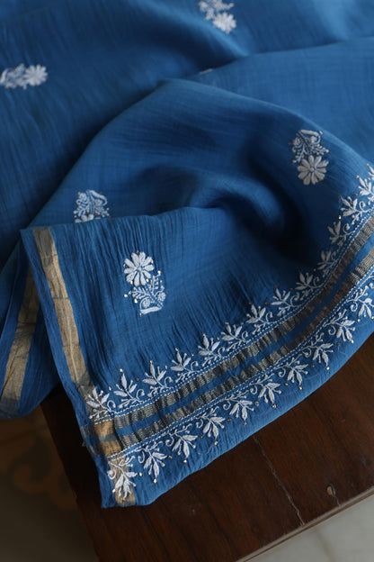 Dusk Blue Shade Mal Cotton Fine Chikankari Unstitched Fabric