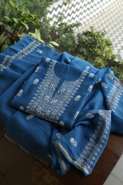 Dusk Blue Shade Mal Cotton Fine Chikankari Unstitched Fabric
