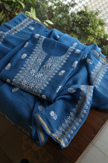 Dusk Blue Shade Mal Cotton Fine Chikankari Unstitched Fabric