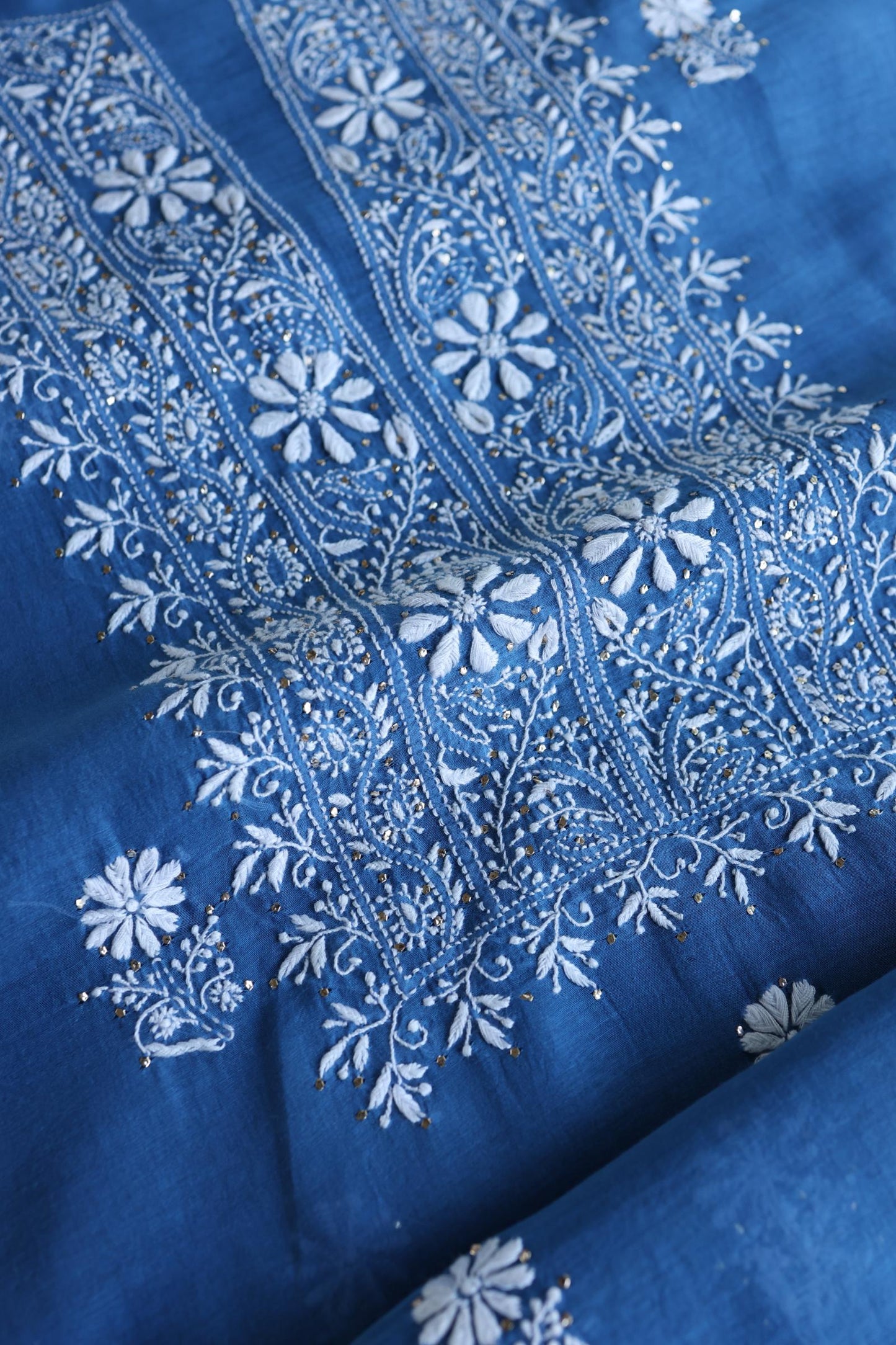 Dusk Blue Shade Mal Cotton Fine Chikankari Unstitched Fabric