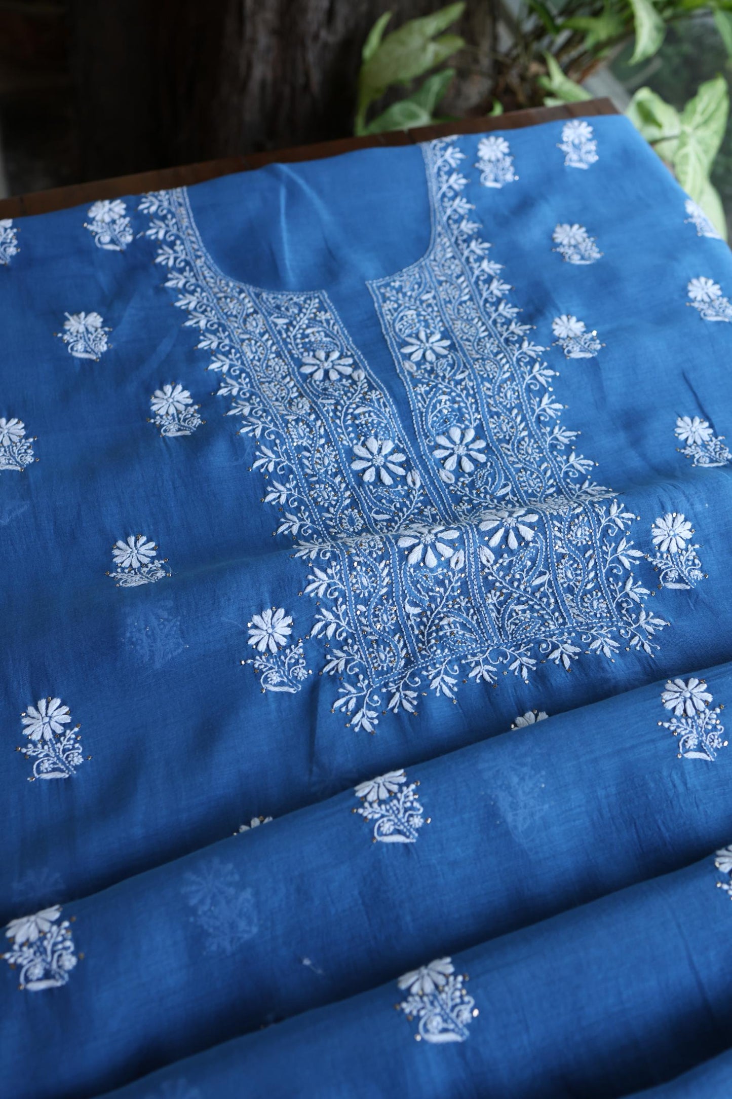 Dusk Blue Shade Mal Cotton Fine Chikankari Unstitched Fabric