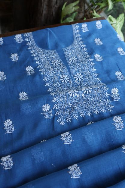 Dusk Blue Shade Mal Cotton Fine Chikankari Unstitched Fabric