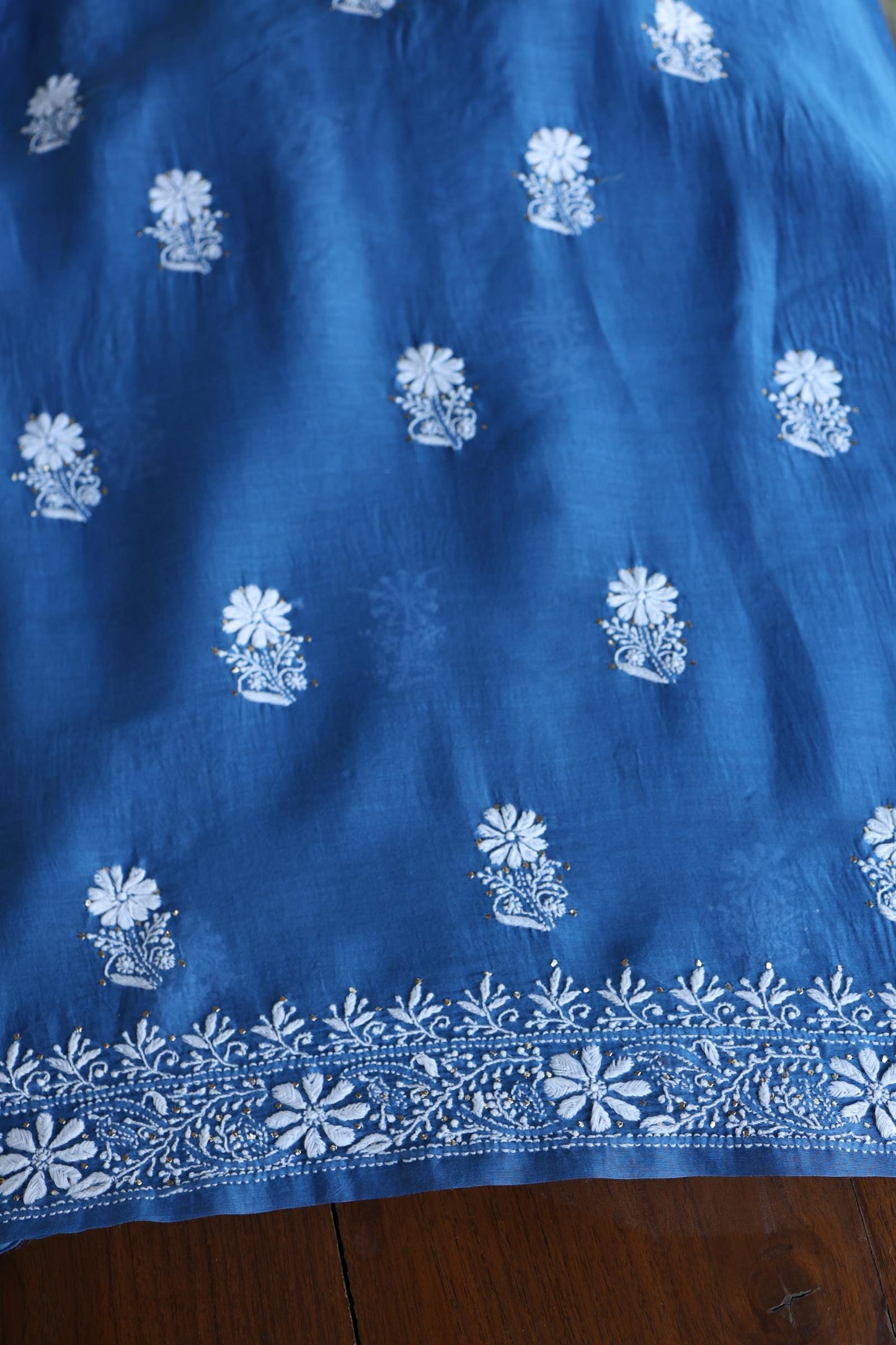 Dusk Blue Shade Mal Cotton Fine Chikankari Unstitched Fabric