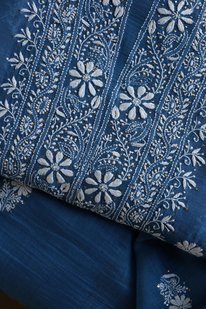 Dusk Blue Shade Mal Cotton Fine Chikankari Unstitched Fabric