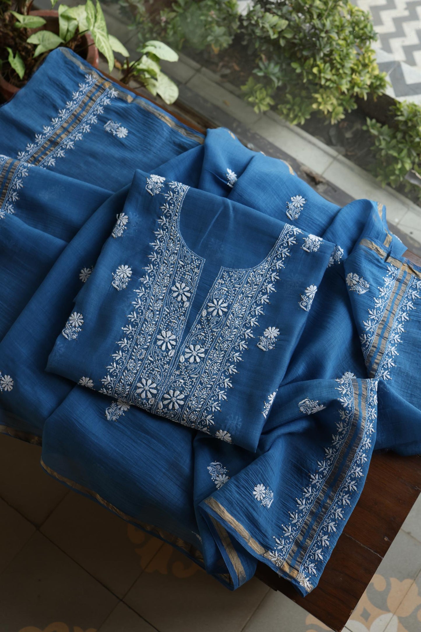 Dusk Blue Shade Mal Cotton Fine Chikankari Unstitched Fabric