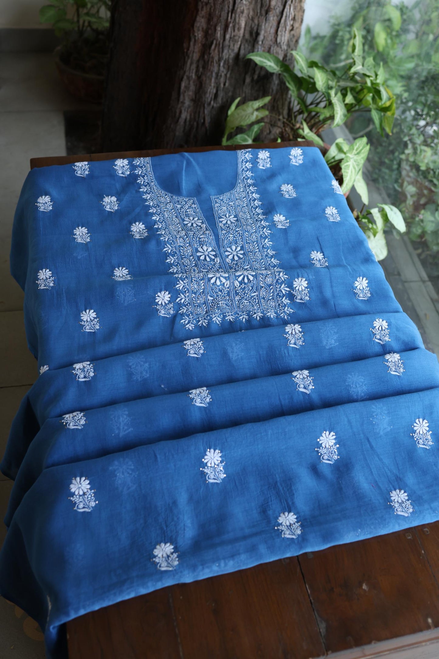 Dusk Blue Shade Mal Cotton Fine Chikankari Unstitched Fabric