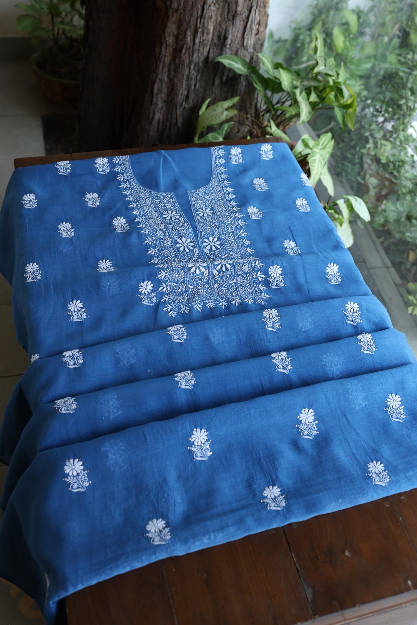Dusk Blue Shade Mal Cotton Fine Chikankari Unstitched Fabric