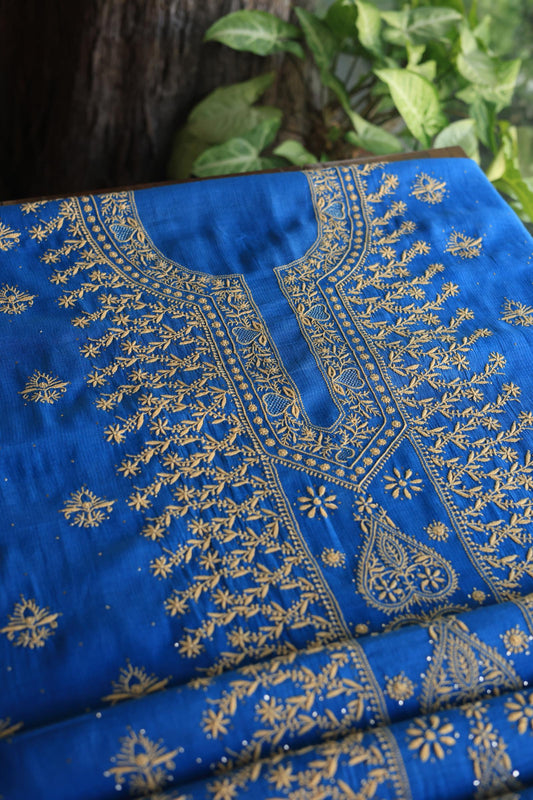 Dusk Blue Shade Mal Cotton Fine Chikankari With Kamdani Work Unstitched Fabric