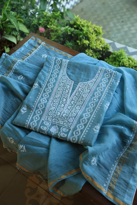 Dusky Blue Mal Chanderi Silk Chikankari With Sequins Unstitched Kurta Dupatta Set