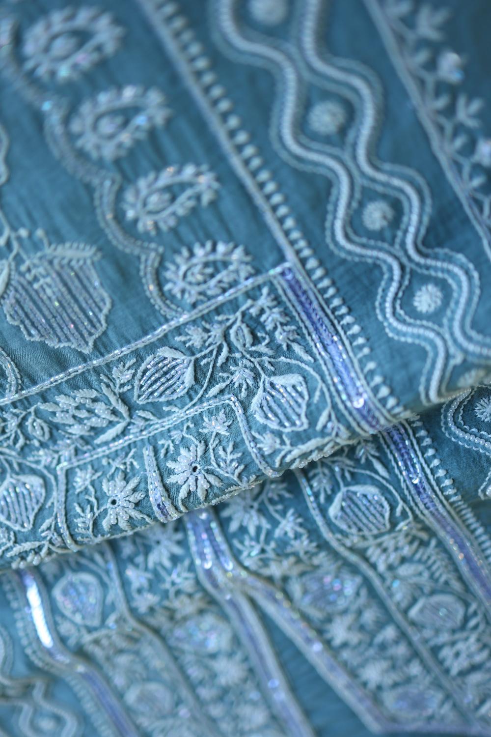 Dusky Blue Mal Chanderi Silk Chikankari With Sequins Unstitched Kurta Dupatta Set