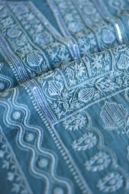 Dusky Blue Mal Chanderi Silk Chikankari With Sequins Unstitched Kurta Dupatta Set