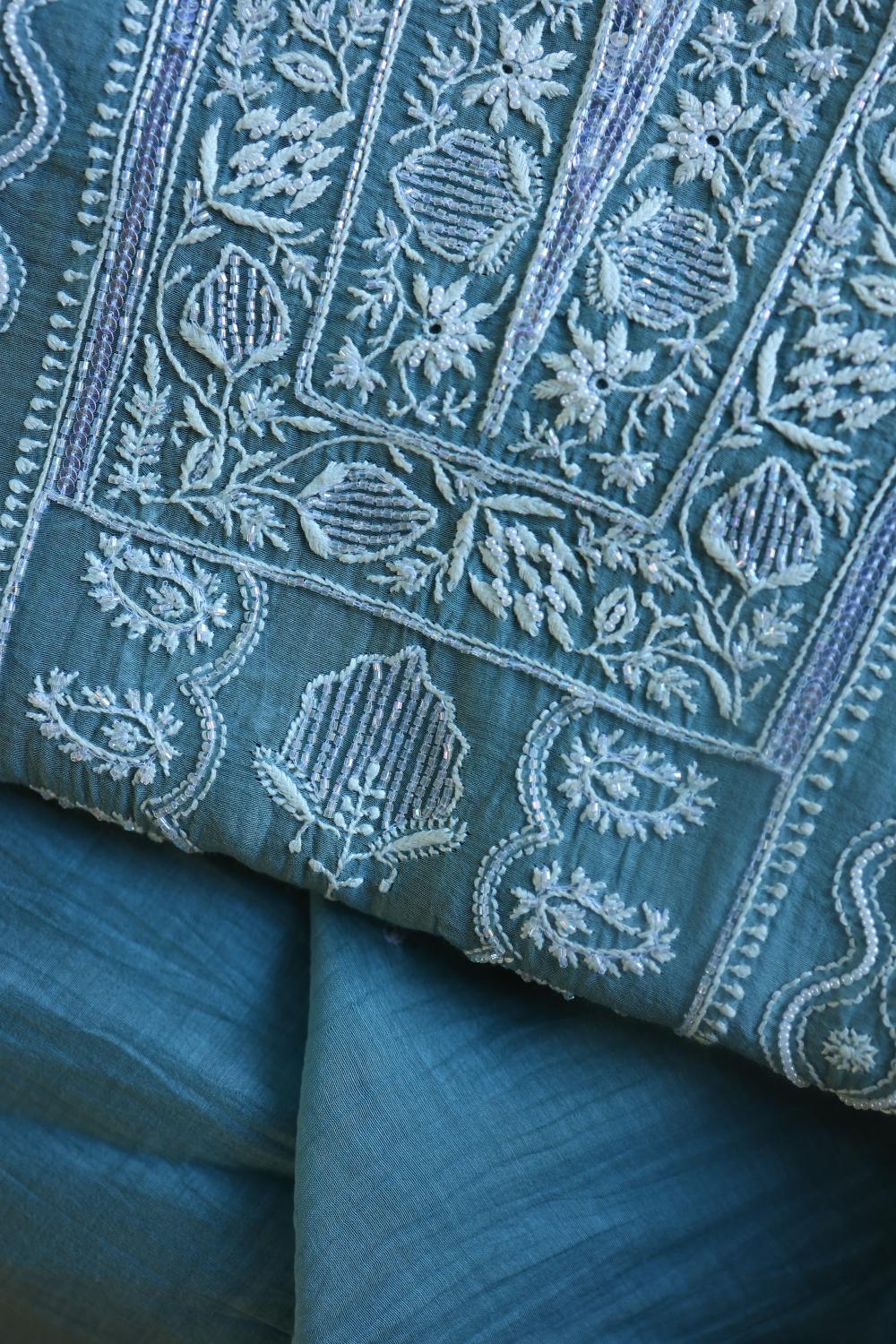 Dusky Blue Mal Chanderi Silk Chikankari With Sequins Unstitched Kurta Dupatta Set