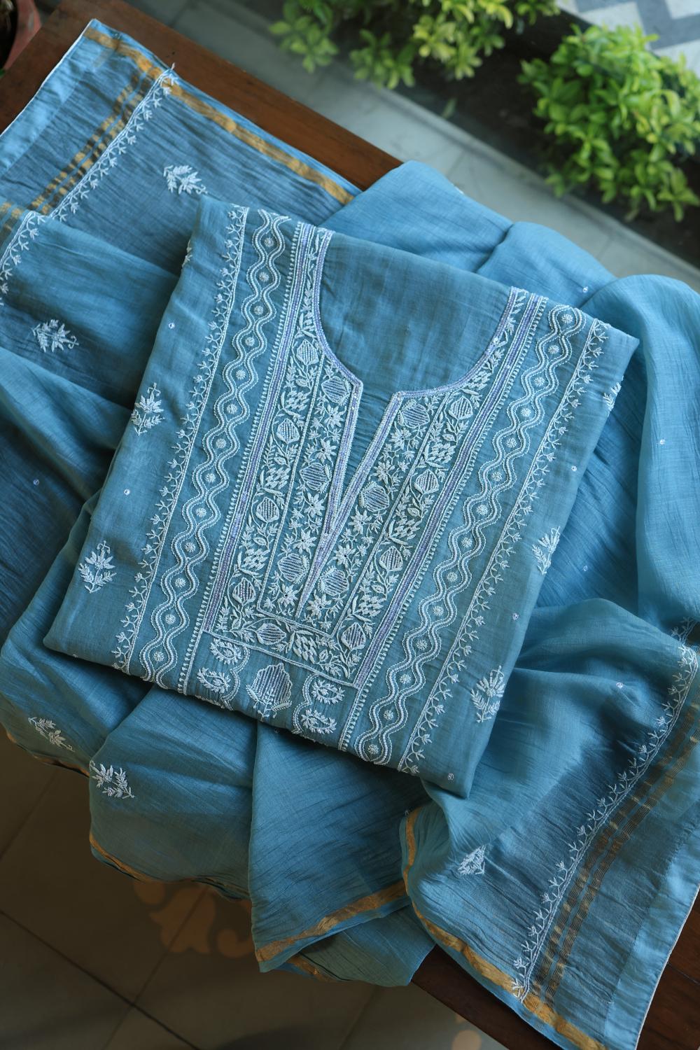 Dusky Blue Mal Chanderi Silk Chikankari With Sequins Unstitched Kurta Dupatta Set