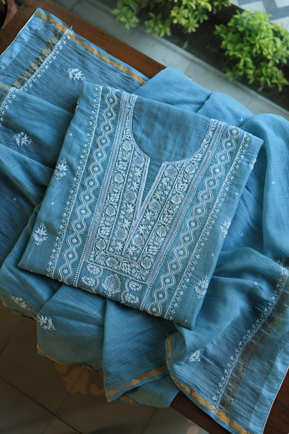 Dusky Blue Mal Chanderi Silk Chikankari With Sequins Unstitched Kurta Dupatta Set