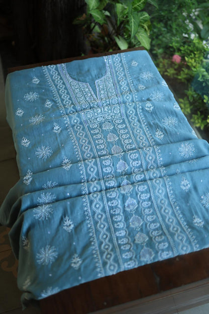 Dusky Blue Mal Chanderi Silk Chikankari With Sequins Unstitched Kurta Dupatta Set